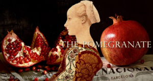 Pomegranates open and still closed pomegranate seeds costume woman sitting old painting