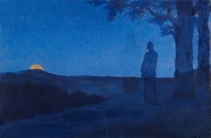 lonesome figure horizon sun set blue landscape solitude tree